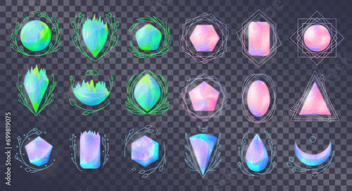 Set of artifact crystals. Design elements for games. Magic amulets made of precious colored stones.