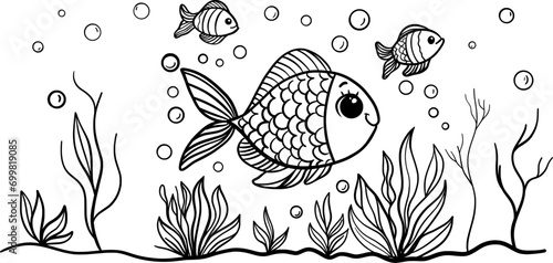 Children's coloring book black and white, fish swim and seaweed.