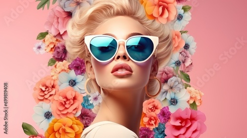 Fashionable blonde girl in sunglasses on a background of flowers, AI