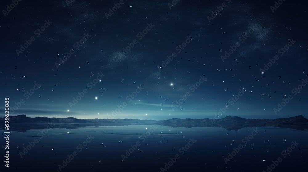  a body of water with a sky full of stars in the sky and a mountain range in the back ground.