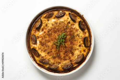 Greek potato, Bringle, and meat casserole with cheese - moussaka on a plate photo