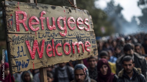 Solidarity and Hope: A Sign Declaring 'Refugees Welcome' Amidst a Crowd Seeking Asylum