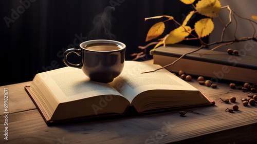 cup of hot chocolate and books on wooden table
