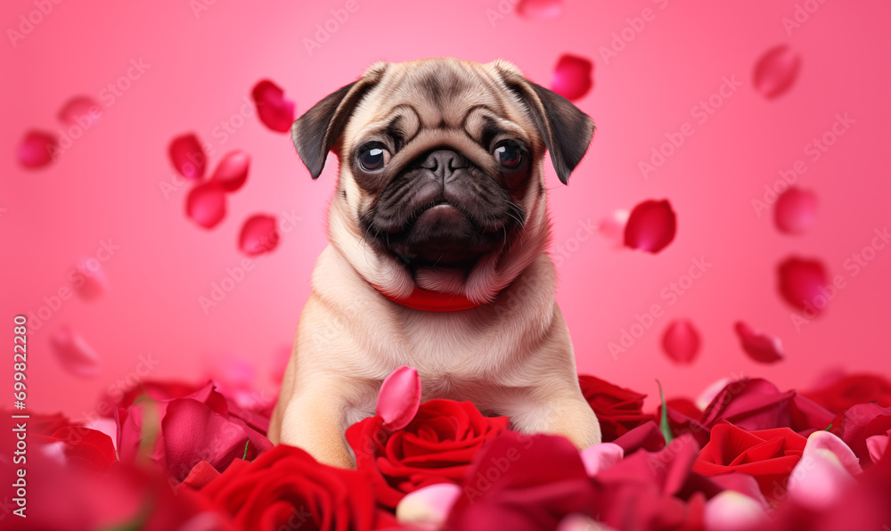 Valentine's Day scene of a pug puppy lying in a bed of red roses, romantic setting, floating red rose petals
