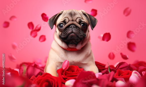 Valentine's Day scene of a pug puppy lying in a bed of red roses, romantic setting, floating red rose petals