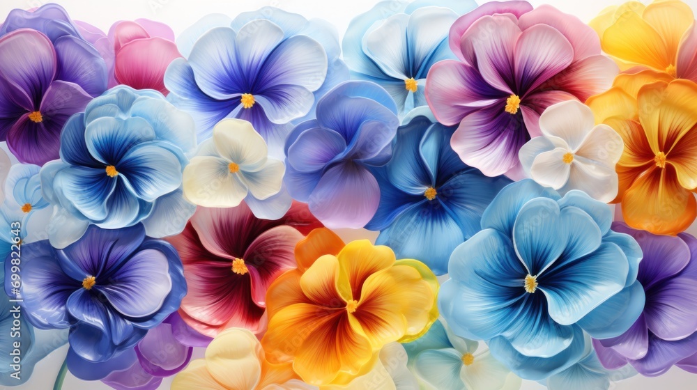  a close up of a bunch of flowers on a white background with blue, yellow, pink, and purple flowers.