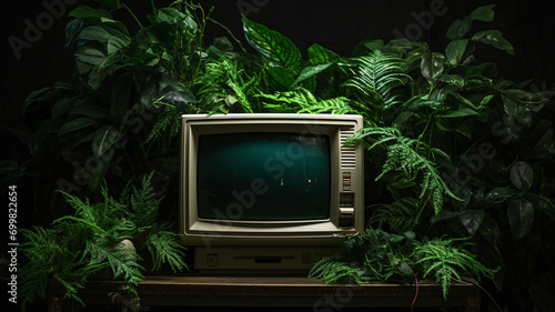 modern computer with plant on color background
