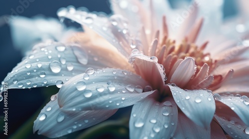  a close up of a flower with drops of water on it's petals and the center of the flower.