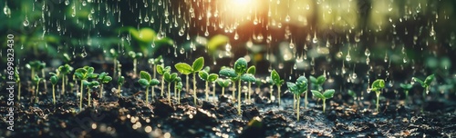 Small fresh plant growing on the ground in the rain with nature bokeh background. Carbon credit concept. Carbon offsets, carbon credits for reforestation, banner