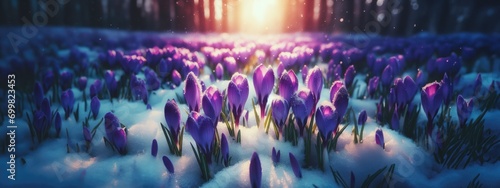 Purple crocuses emerging from under snow in early spring closeup with room for text, banner