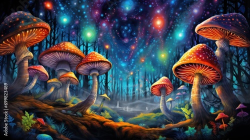  a painting of a group of mushrooms in a forest under a night sky with stars and the moon in the sky.