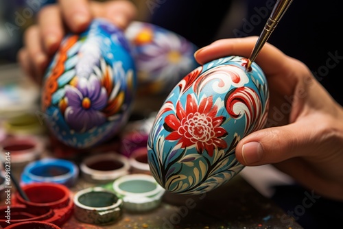 Hand with paintbrush painting an Easter egg with many colorful decorations