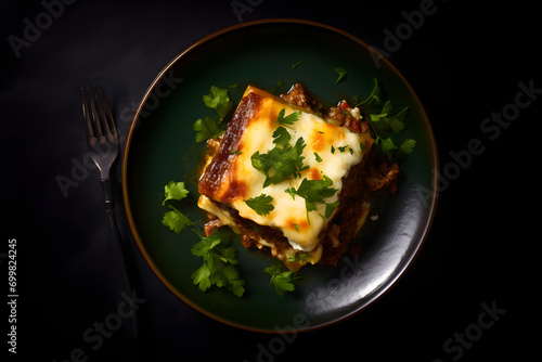 Greek potato, Bringle, and meat casserole with cheese - moussaka on a plate