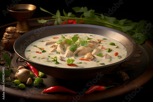 Traditional Thai food Tom Kha Gai soup in a bowl on a wooden table and ingredients