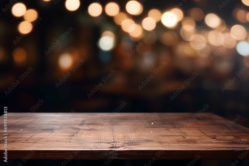 Empty wood table top and blur of cafe restaurant in dark night background.