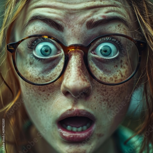 Close up portrait of a scared young girl with freckles and glasses.