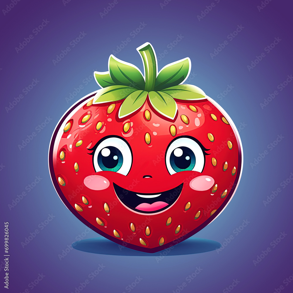 Fototapeta premium Cute cartoon Strawberry on purple background. Healthy fruit, vegetarian food