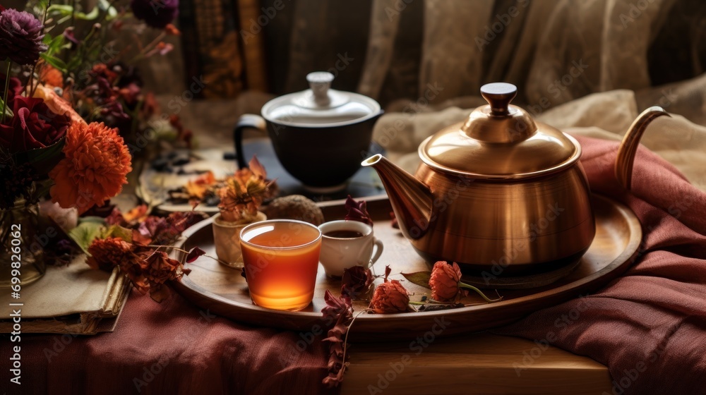 Fototapeta premium a tea pot sitting on top of a wooden tray next to a cup of tea and a vase of flowers.