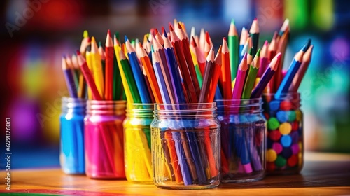  a close up of many colored pencils in a jar on a table with other colored pencils in the jars. photo