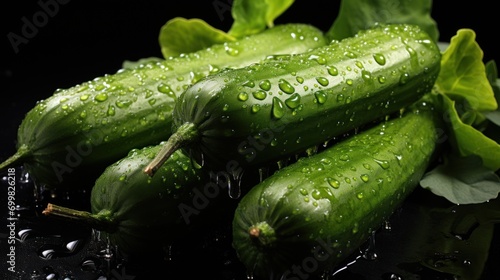  a group of cucumbers sitting on top of a table covered in raindrops on a black surface.
