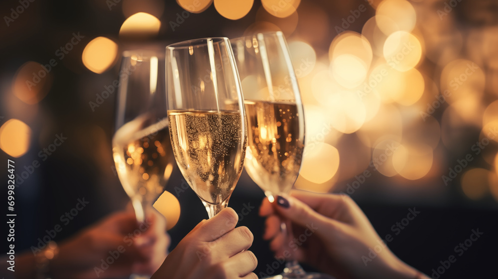 Captivating Image of Women's Hands Delicately Toasting with Glasses of Sparkling Champagne, Set Against a Beautifully Blurred Background, Evoking Elegance and Celebration
