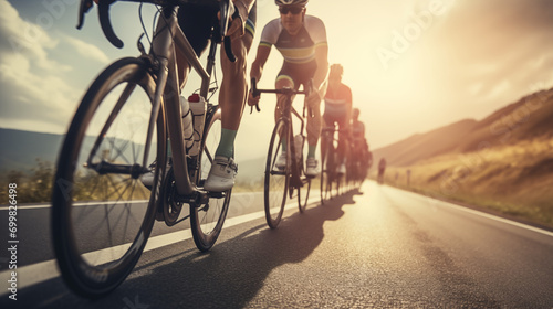 Frontal Capture of a Group of Cyclists in Competitive Race, Backlit by the Setting Sun, Embracing the Radiance of the Sunset During an Intense Cycling Competition