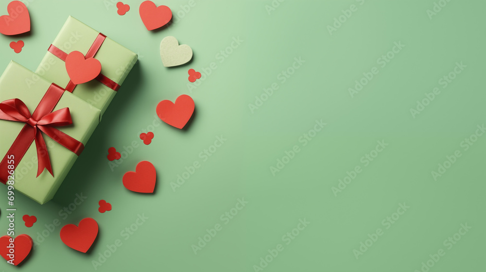 Top-View Image Featuring Green Gift Packages adorned with Red Hearts against a Green Background, Evoking a Valentine's Day Atmosphere Top-View Image Featuring Green Gift Packages adorned with Red Hearts against a Green Background, Evoking a Valentine's Day Atmosphere