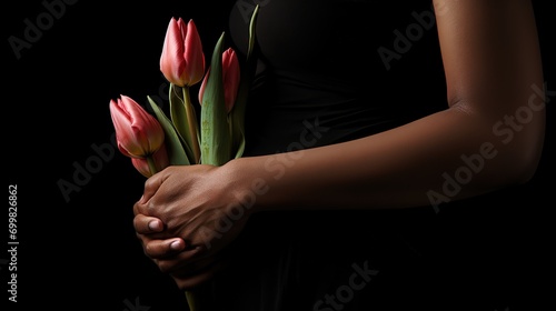 woman hands holding tulip flower posy, idea for women's rights concept support and international women's day, feeling of devotion and compassion, background wallpaper, Generative Ai photo