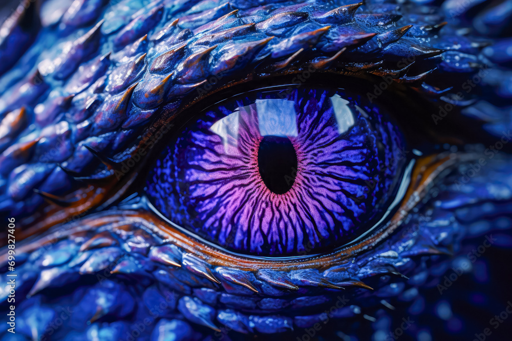 Fototapeta premium Eye of a dragon close-up. Blue eye of a dragon.