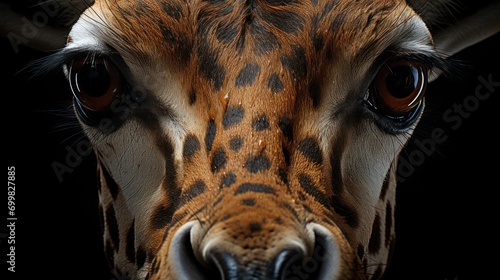  a close up of a giraffe's face with very large brown and white spots on it's face.