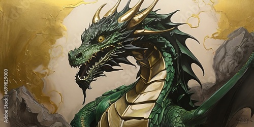 Drawn green dragon on gold background