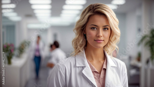 Friendly attentive female doctor in a white coat with a tablet on the background of a medical office for receiving patients, the concept of medical care and treatment,