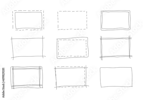 Set of hand drawn rectangle frames. Simple doodle rectangular shapes. Scribble square text box. Highlighting elements. Lined border. Vector graphic illustration. photo