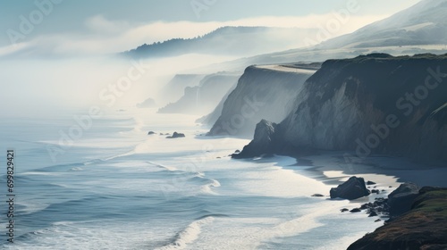  a large body of water next to a rocky cliff on a foggy day at the ocean's edge.