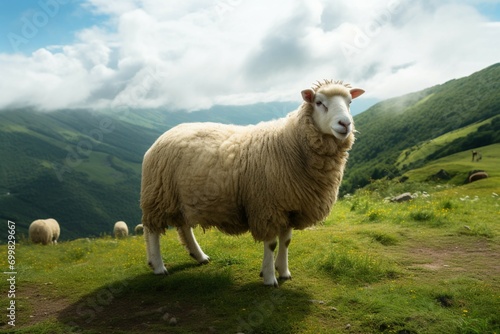 Mountain pasture Sheep graze on the grassy slopes of mountains.