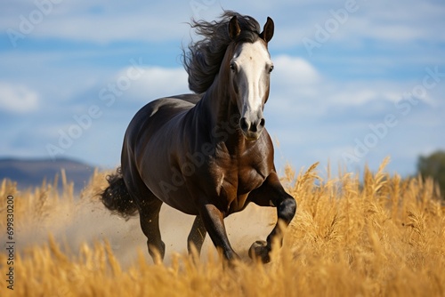 Boundless spirit Running horse gracefully moves through the expansive field.