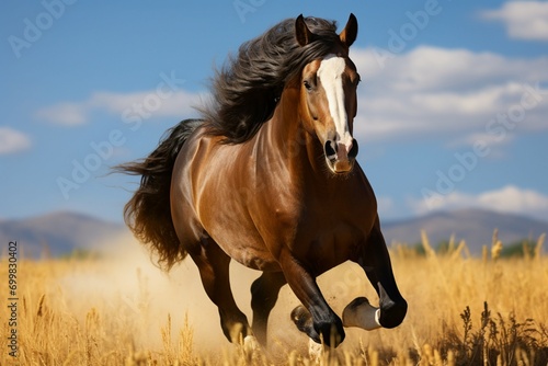 Majestic sight Horse gallops freely in a vast  open field.