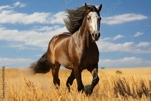 Majestic sight Horse gallops freely in a vast, open field.