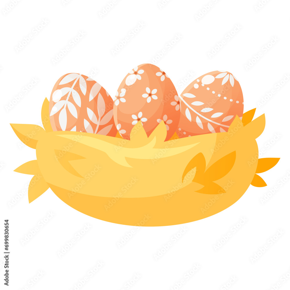 Easter painted eggs with patterns in a nest made of straw. Festive composition, vector illustration on a white background. Cartoon nest with three eggs.Happy Easter. Design for Easter cards, banners. Easter painted eggs with patterns in a nest made of straw. Festive composition, vector illustration on a white background. Cartoon nest with three eggs.Happy Easter. Design for Easter cards, banners.