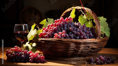  a wicker basket filled with red grapes next to a glass of red wine and a bunch of green leaves.
