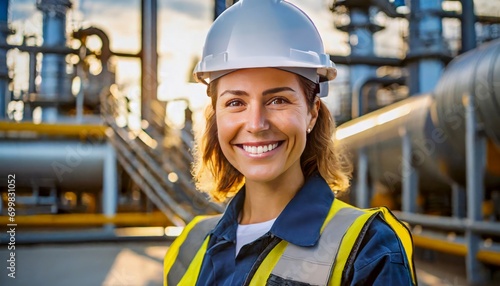 smiling woman in safety gear stands before an industrial backdrop, exuding confidence and professionalism