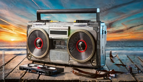Classic boombox with cassette tape on a wooden table, capturing the nostalgia of retro music and audio technology