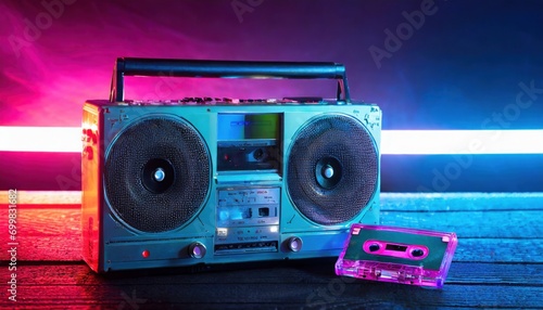 Vintage Boombox and Cassette Tape Retro Music Concept photo