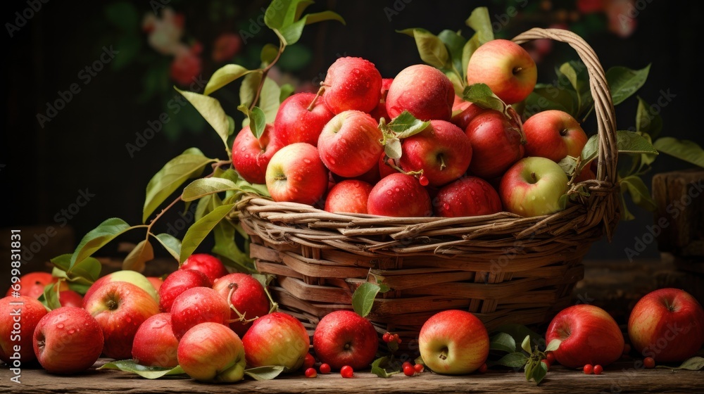 a basket filled with lots of red apples next to a pile of green leaves and a bunch of red apples. a basket filled with lots of red apples next to a pile of green leaves and a bunch of red apples.