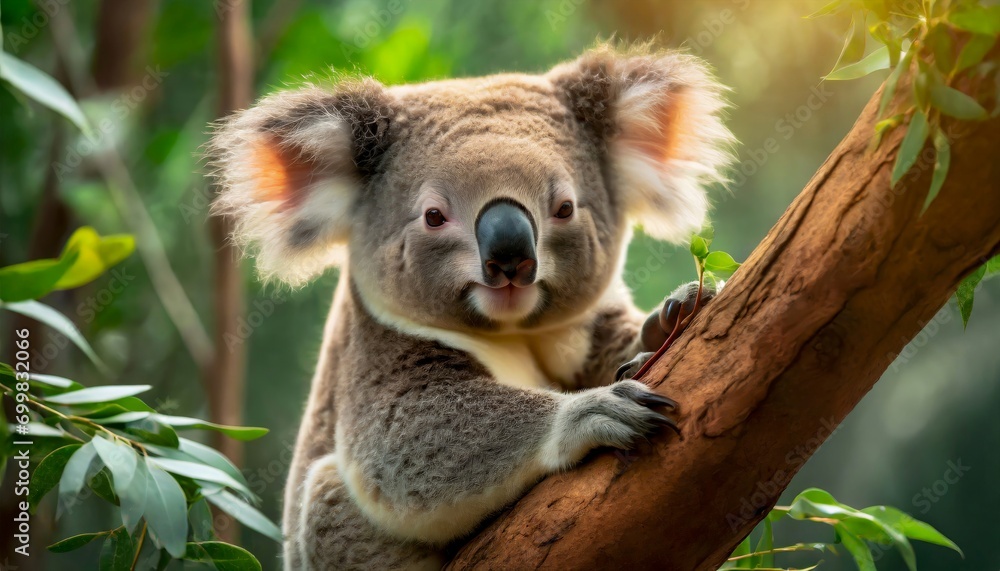 Obraz premium charming koala bear comfortably nestled in the fork of a tree surrounded by lush greenery