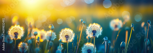 Beautiful dandelion flowers in the meadow at sunset.
