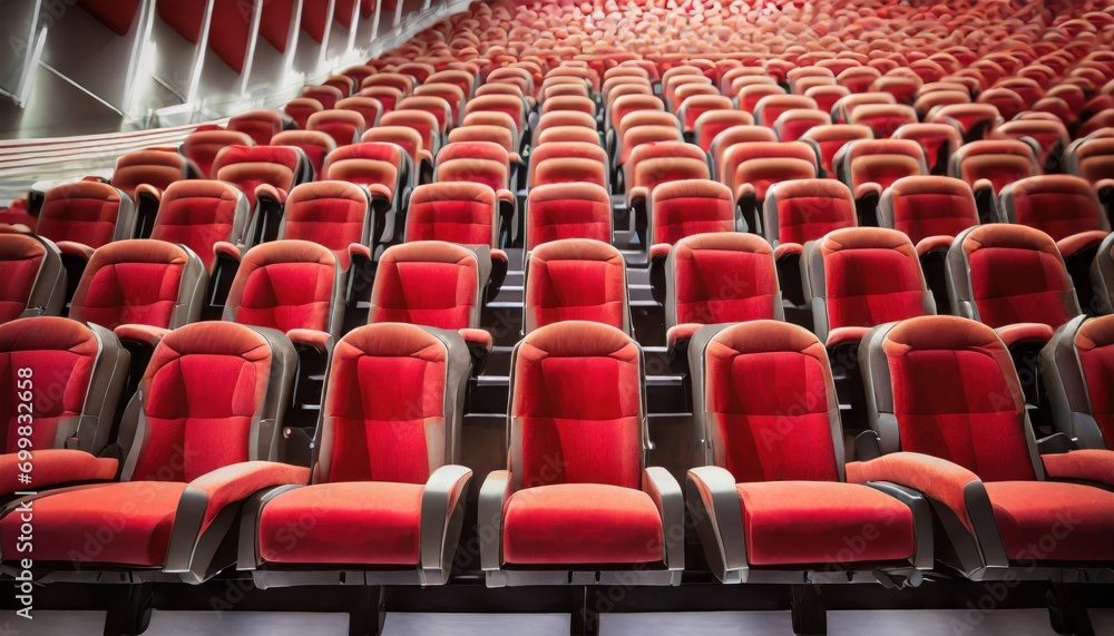 Obraz premium Row of empty plush red seats in a theater auditorium, awaiting an audience for the next performance