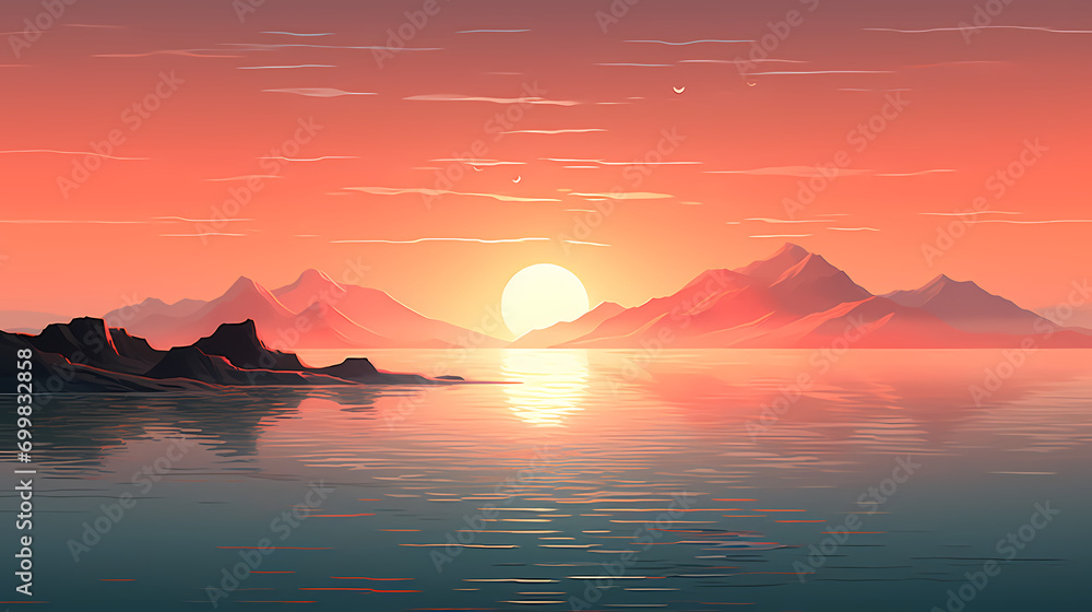 Naklejka premium Sunset on the sea and mountains, PPT background