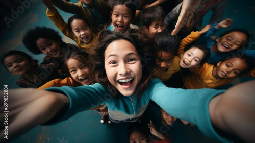 Generative AI image of an Asian girl making a selfie with a lot o Asian kids photo
