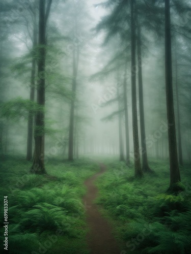 Foggy Overcast Green Forest: Emerald Haven Shrouded in Overcast.